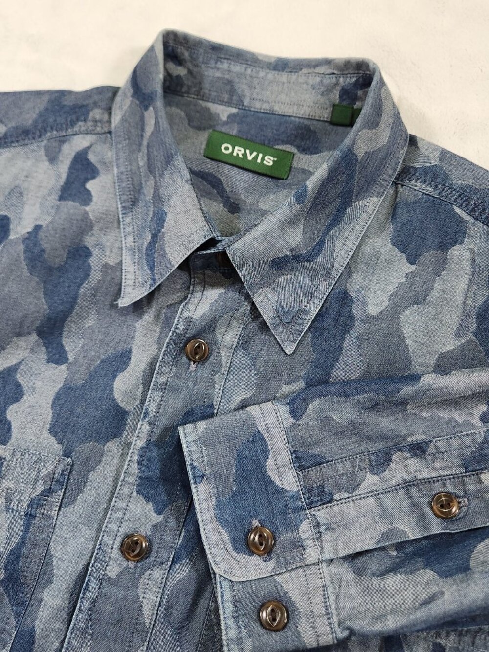 Orvis Mens Shirt Large Blue Camo Long Sleeve 100% Cotton Button Down Pockets